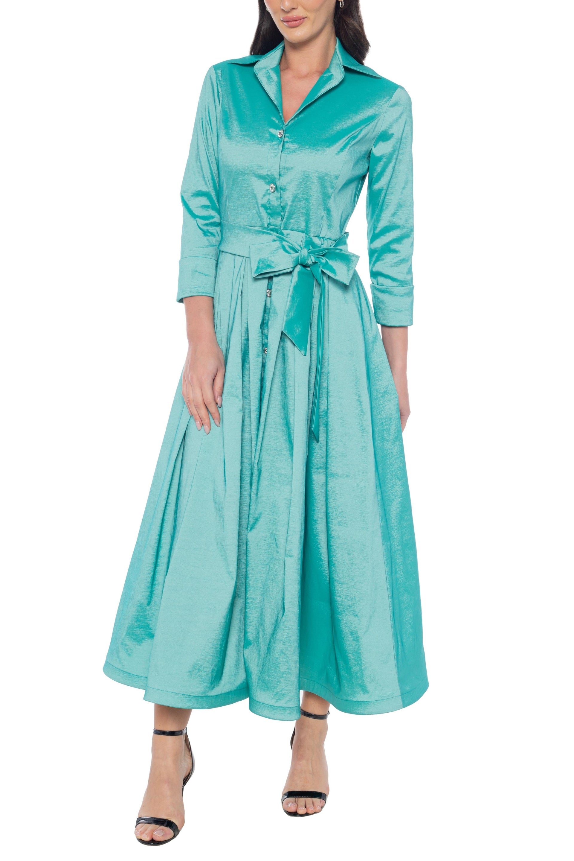 Marina 3/4 Sleeve Point Collar Neck Tie Waist Taffeta Midi A-LIne Dress