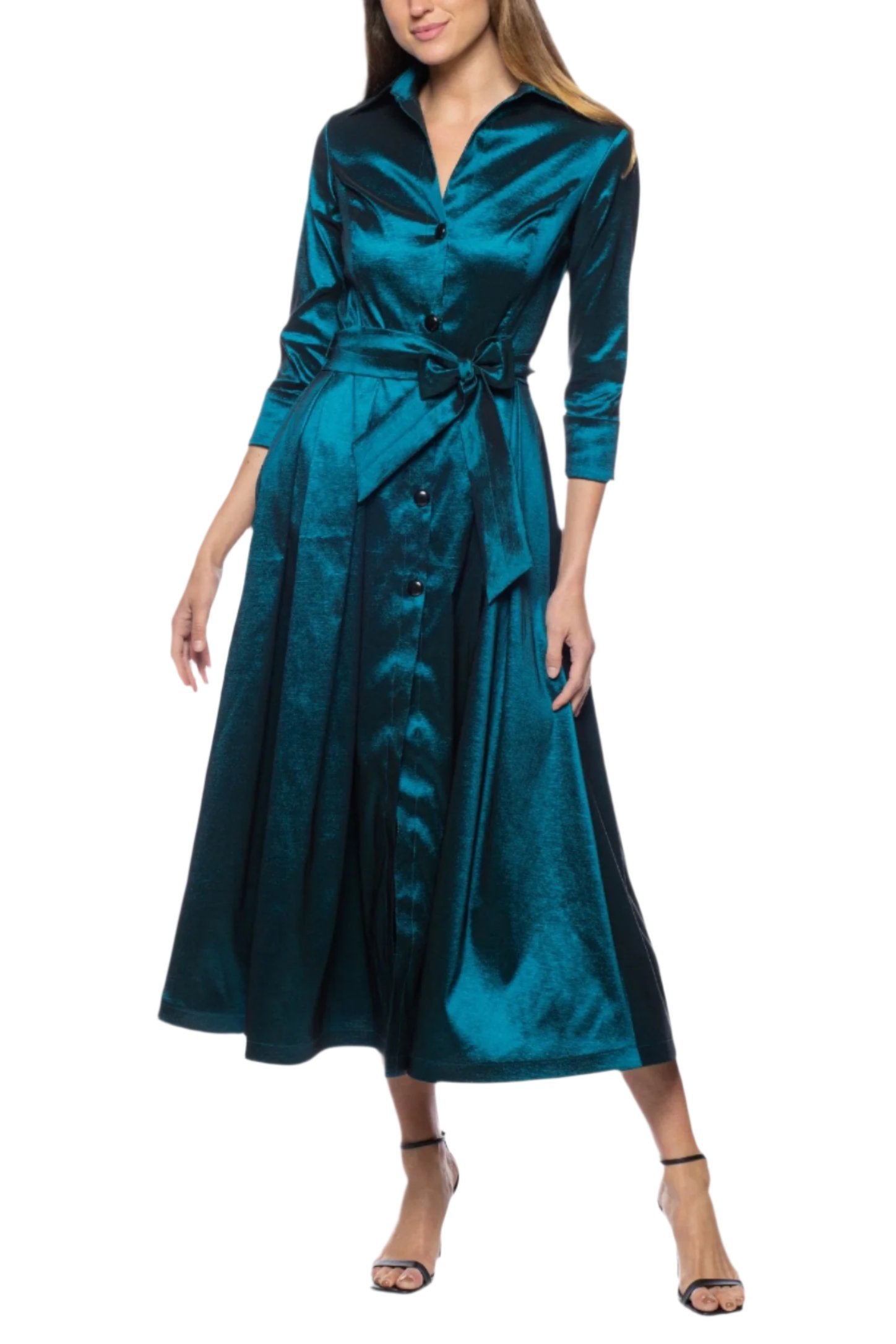 Marina 3/4 Sleeve Point Collar Neck Tie Waist Taffeta Midi A-LIne Dress