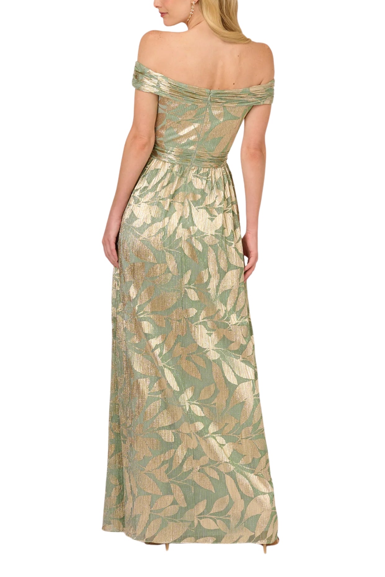 Adrianna Papell Leaf Print Off-The-Shoulder Sleeveless Back Zipper Closure Foiled Knit A-Line Gown Dress