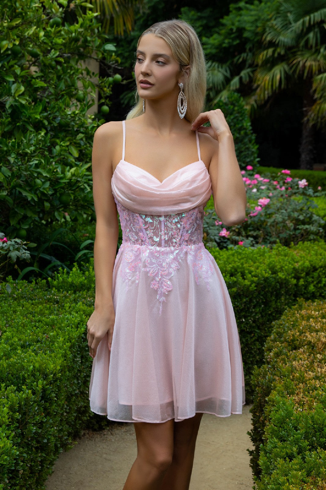 Sheer Bodice Glitter Print Embellished Spaghetti Strap Homecoming Dress