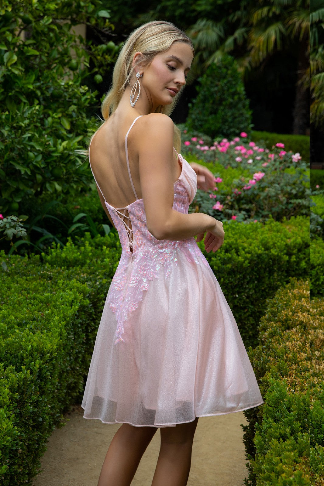 Sheer Bodice Glitter Print Embellished Spaghetti Strap Homecoming Dress