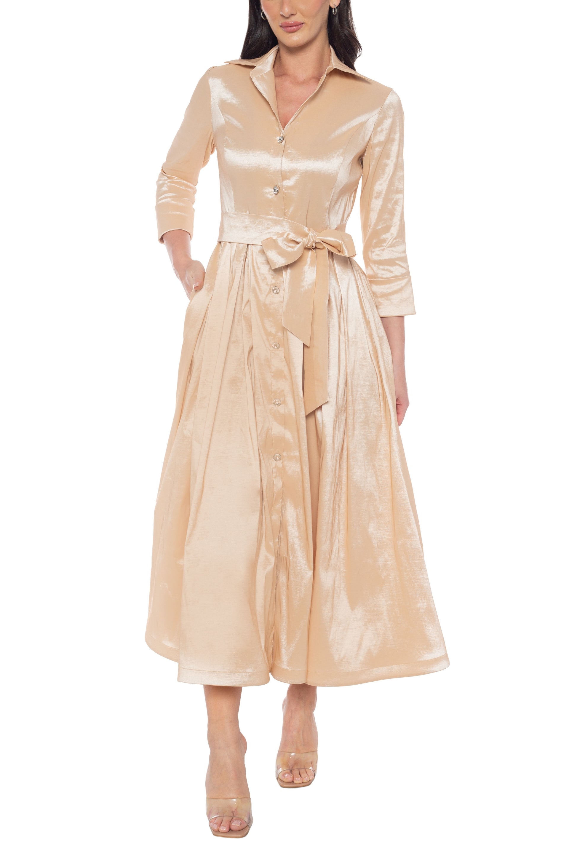 Marina 3/4 Sleeve Point Collar Neck Tie Waist Taffeta Midi A-LIne Dress