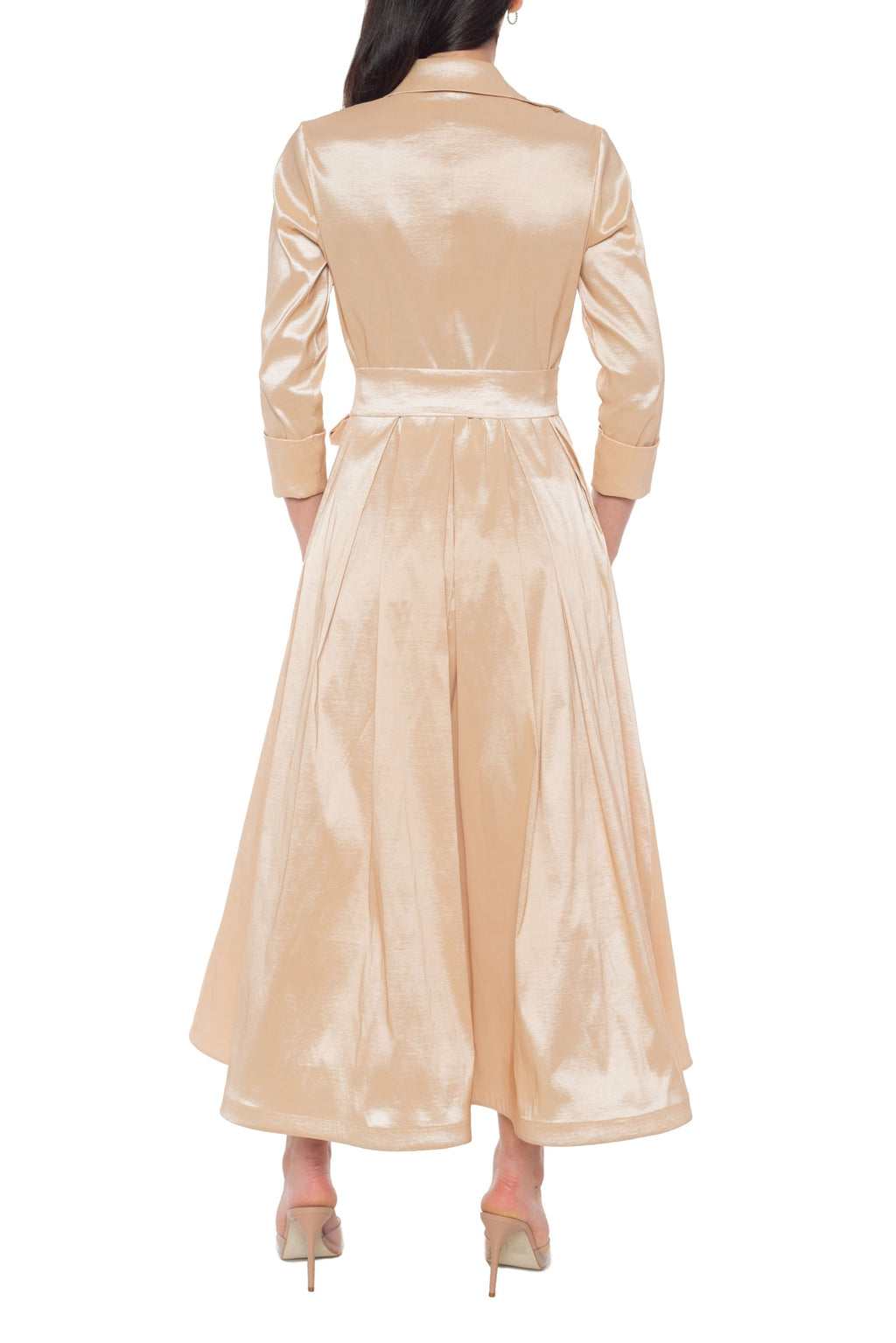 Marina 3/4 Sleeve Point Collar Neck Tie Waist Taffeta Midi A-LIne Dress