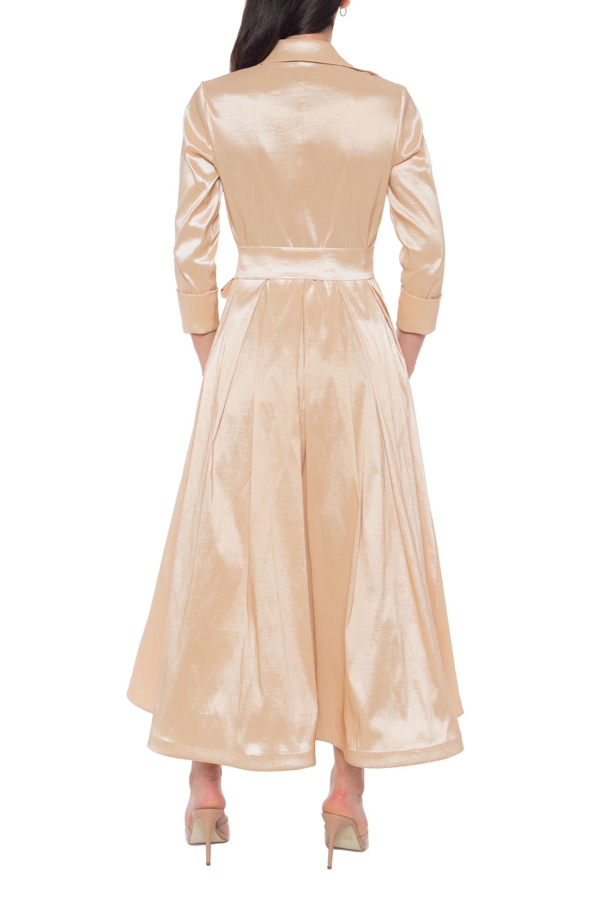 Marina 3/4 Sleeve Point Collar Neck Tie Waist Taffeta Midi A-LIne Dress