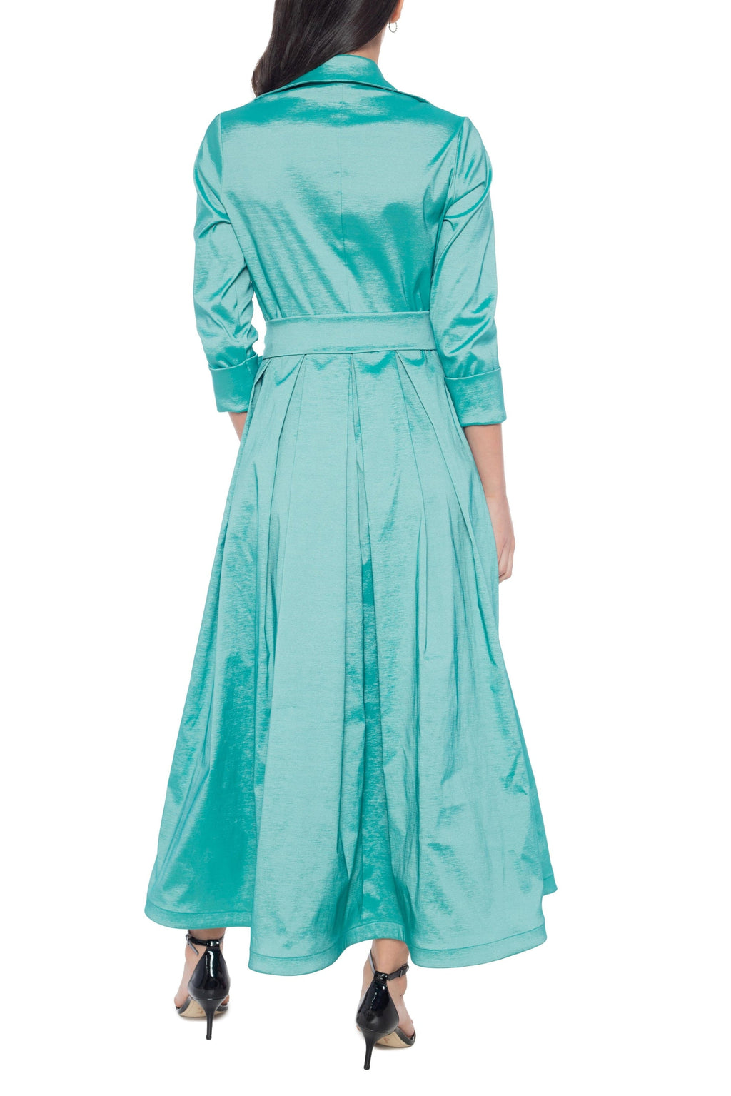 Marina 3/4 Sleeve Point Collar Neck Tie Waist Taffeta Midi A-LIne Dress