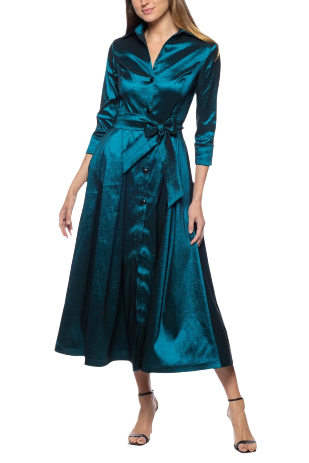 Marina 3/4 Sleeve Point Collar Neck Tie Waist Taffeta Midi A-LIne Dress