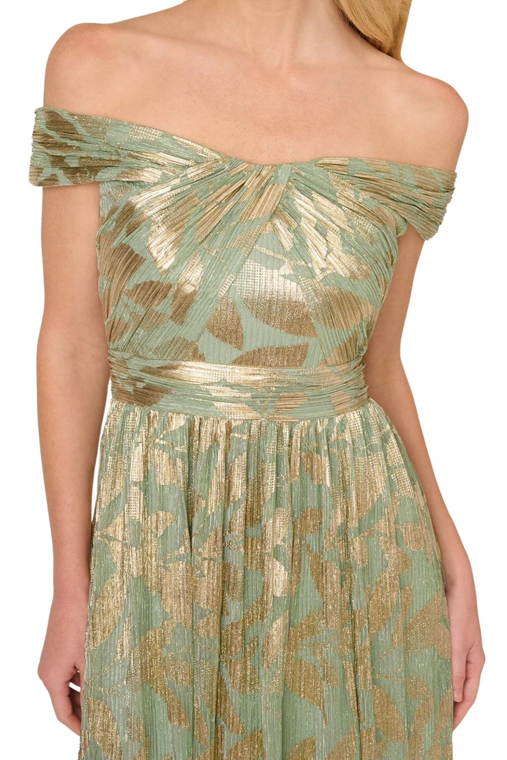 Adrianna Papell Leaf Print Off-The-Shoulder Sleeveless Back Zipper Closure Foiled Knit A-Line Gown Dress