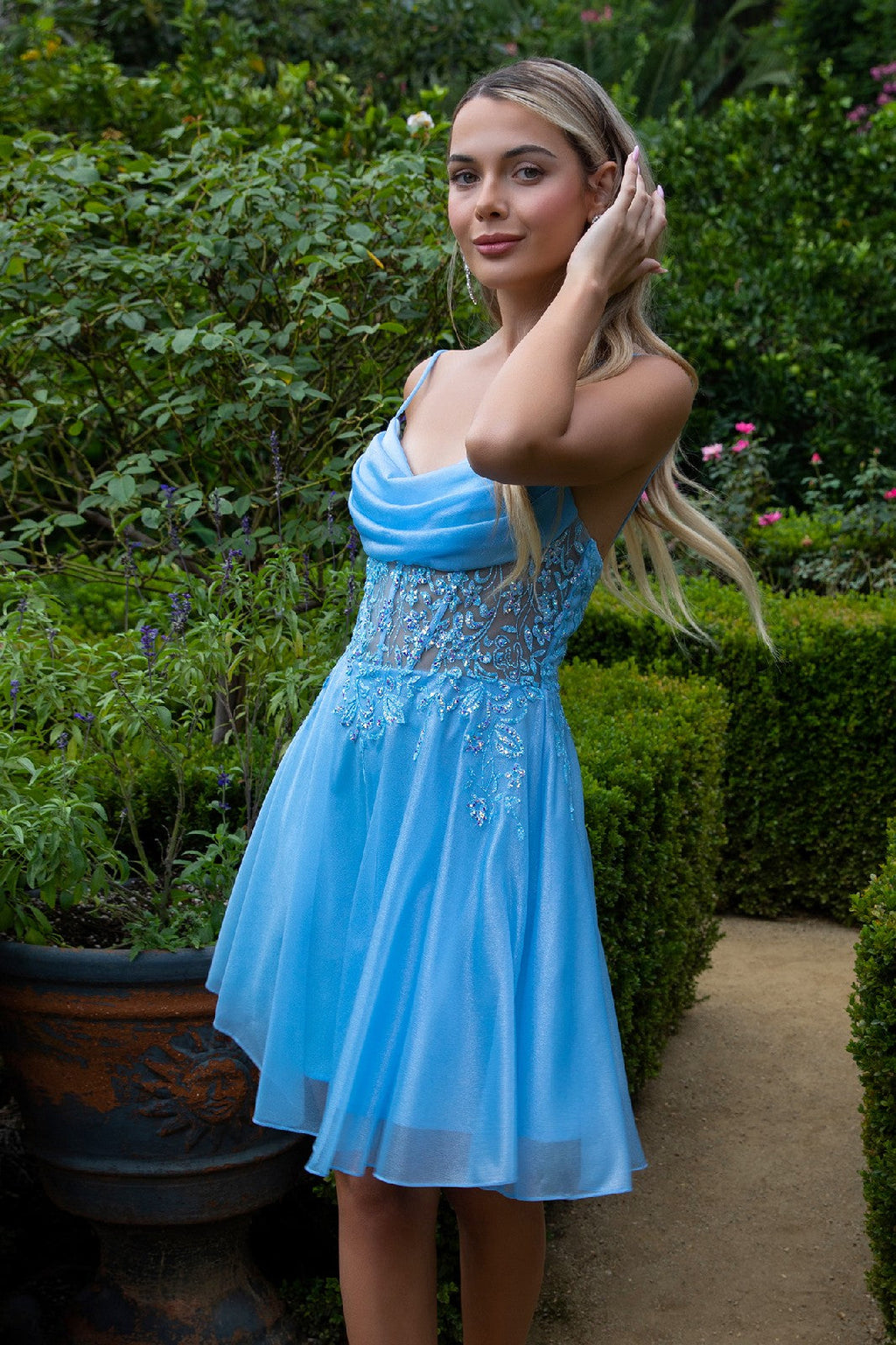 Sheer Bodice Glitter Print Embellished Spaghetti Strap Homecoming Dress