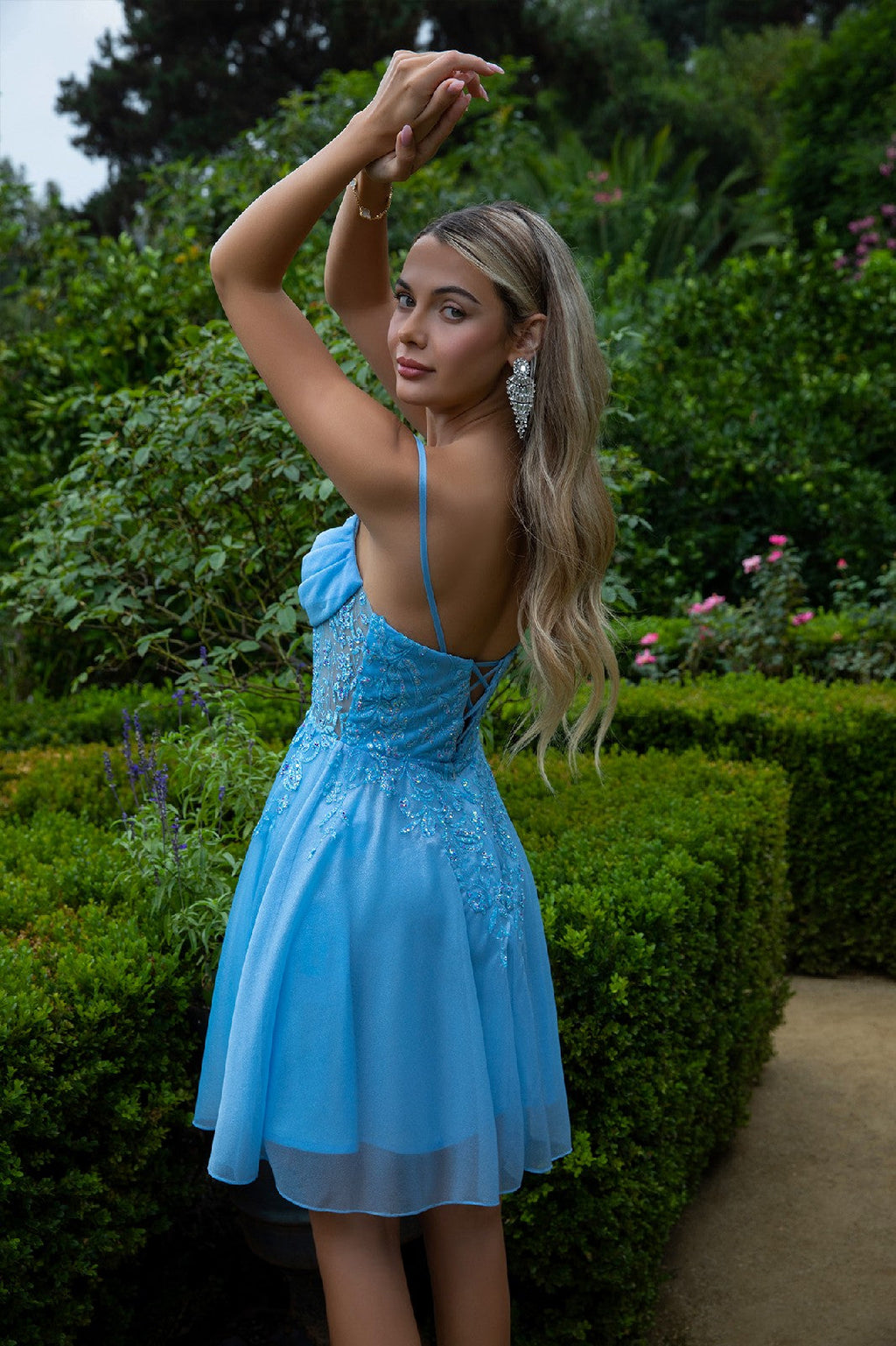 Sheer Bodice Glitter Print Embellished Spaghetti Strap Homecoming Dress