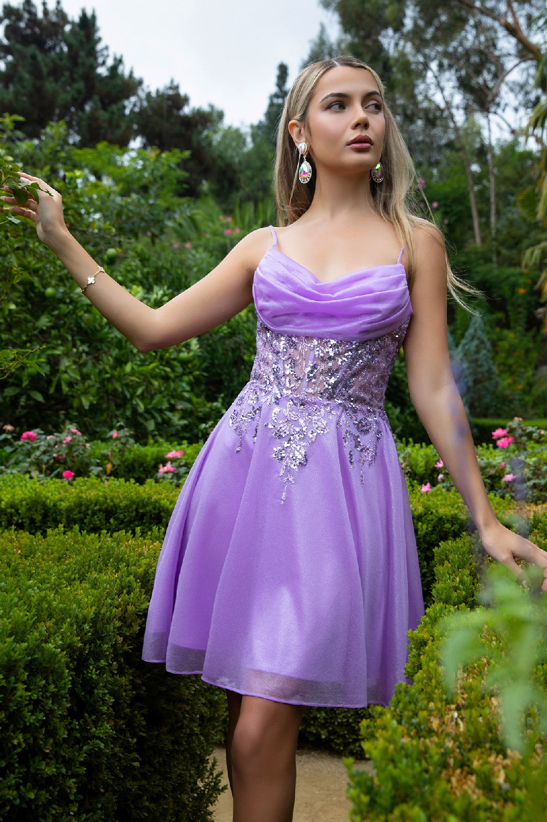 Sheer Bodice Glitter Print Embellished Spaghetti Strap Homecoming Dress